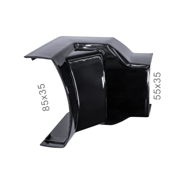 Curva Interna 90° Raiada preta na dimensão 85x35 mm, com redução para 55x35 mm, para canaleta para fios