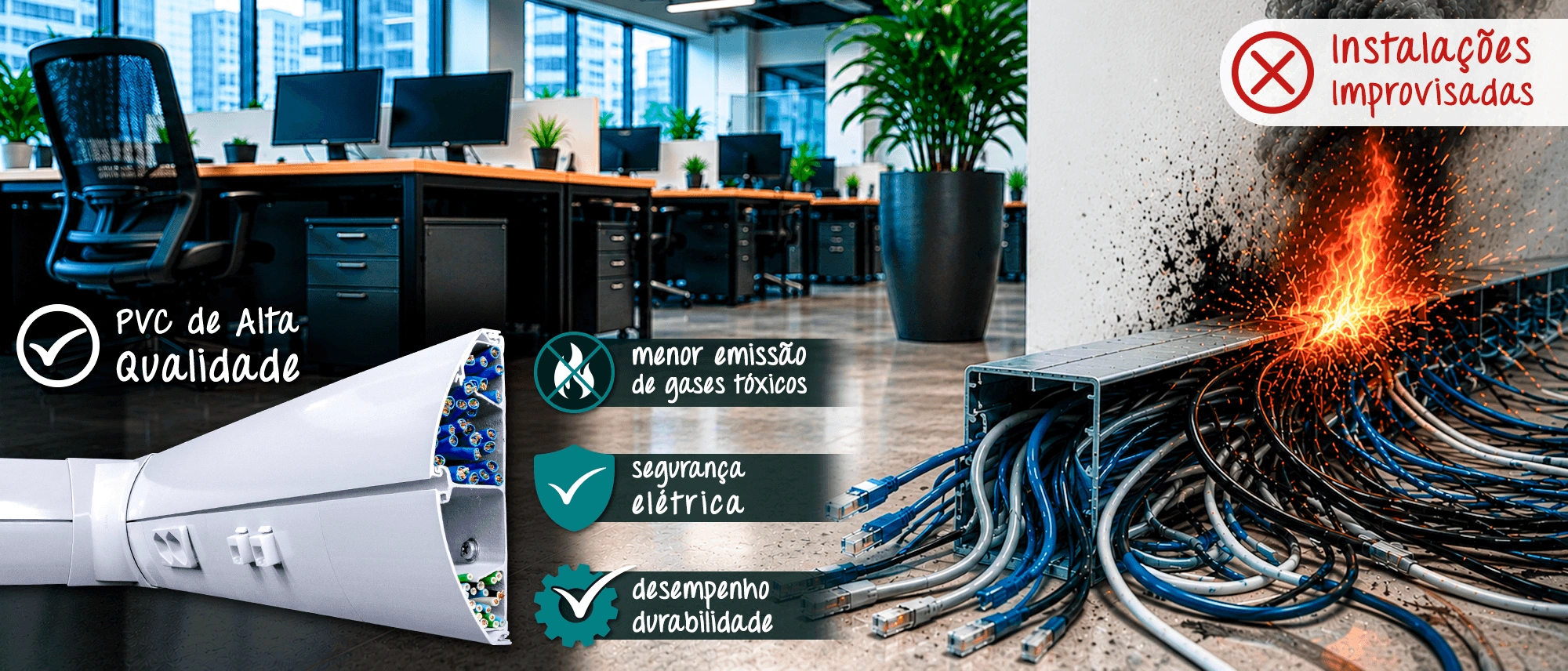 canaletas-de-plastico-material-nao-halogenado-lszh-e-pvc-rigido Canaletas de plástico comparando materiais LSZH e PVC rígido em instalações aparentes