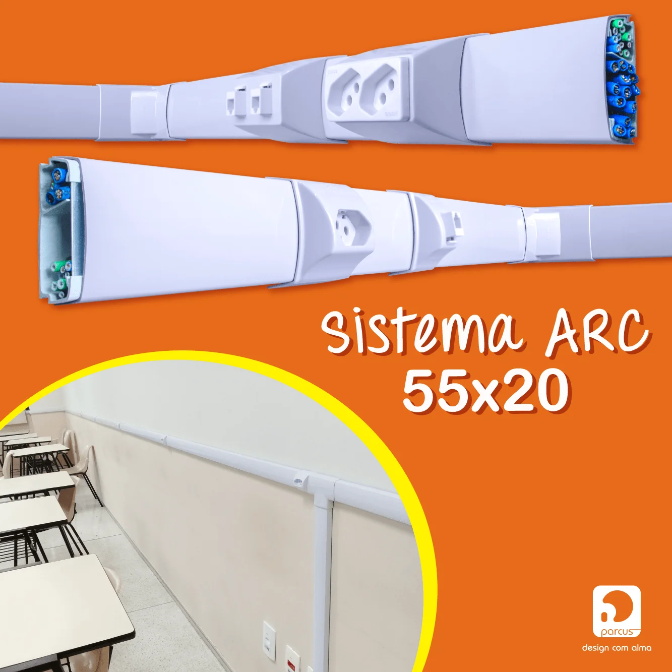 Canaleta reforçada 55x20 do Sistema ARC para instalações de energia e dados